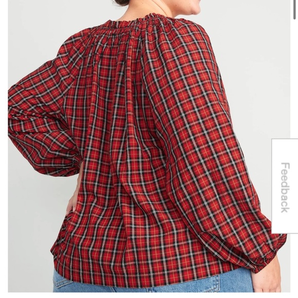 Old Navy Red Plaid Smocked Seersucker Swing Blouse XXL Tall - Picture 3 of 5